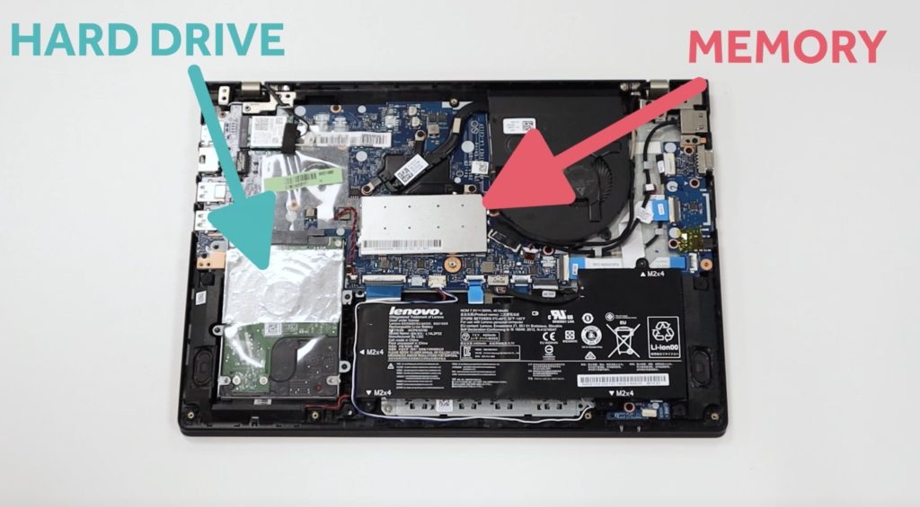 Harddrive, Memory, SSD, back of laptop